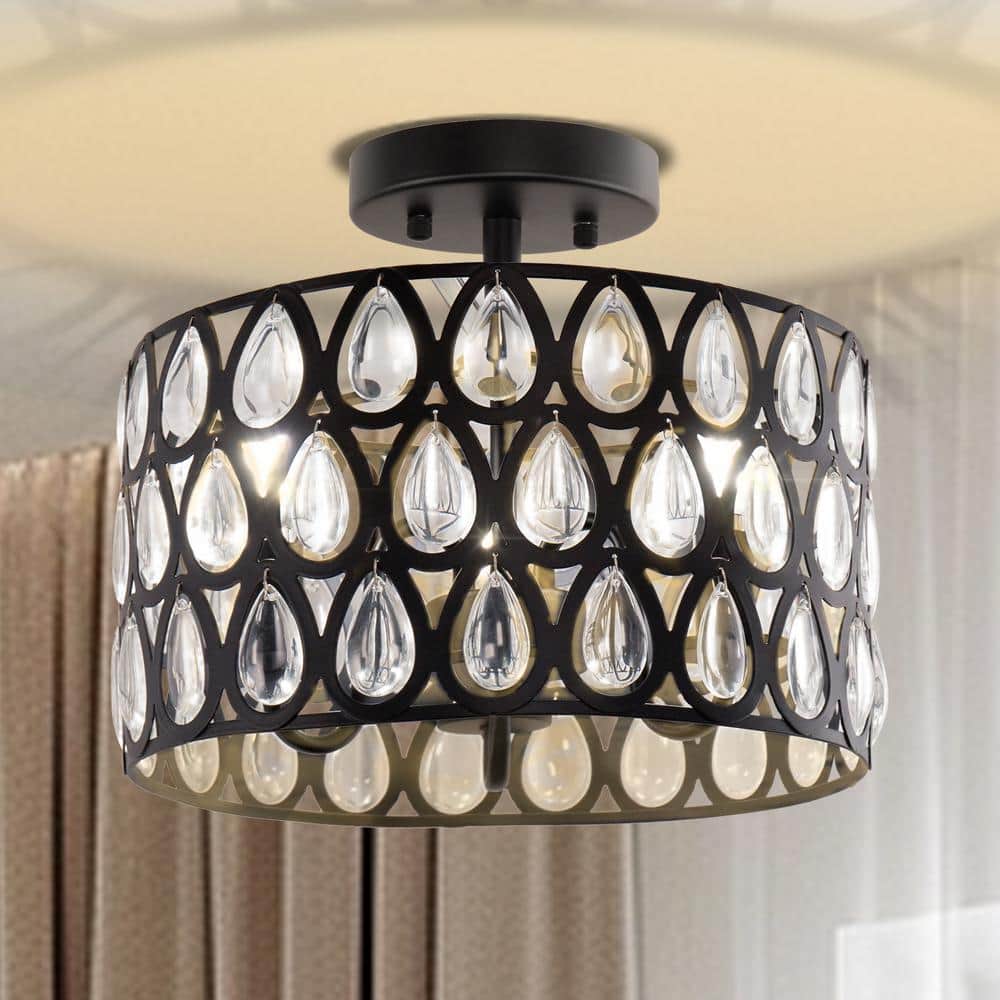 12 in. 3-Light Matte Black Semi-Flush Mount Ceiling Light with Teardrop Crystal Accents, E12 Base, No Bulbs Included - Hercitys