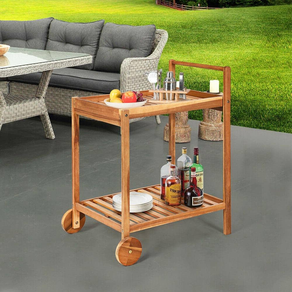 2-Tier Acacia Rolling Kitchen Trolley Cart Dining Serving Cart Outdoor w/Wheels - Hercitys