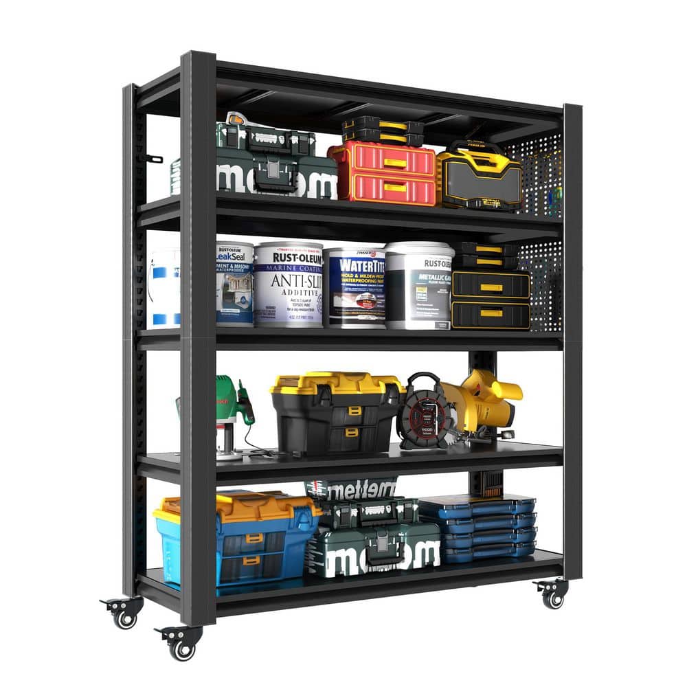 5-Tier Steel Garage Storage Shelving Unit in Black with Wheels and Pegboard (47.2 in. W x 72 in. H x 23.6 in. D) - Hercitys