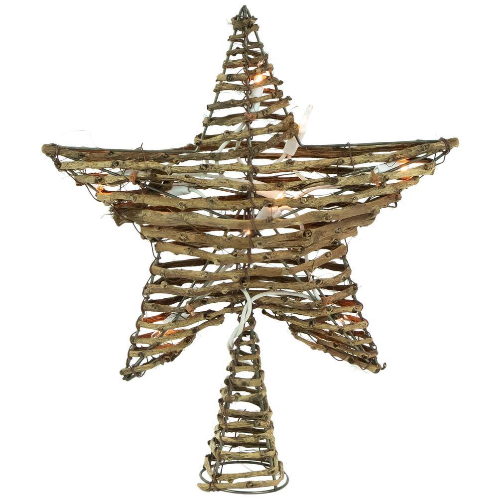 11.5 in. Natural Brown Rattan Star Christmas Tree Topper – Clear Lights - Hercitys