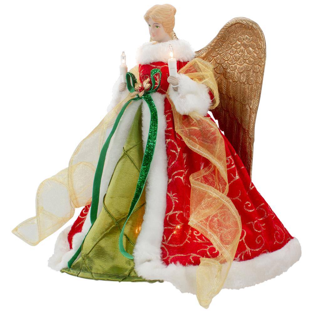 12 in. Lighted Red and Green Angel with Wings Christmas Tree Topper – Clear Lights - Hercitys