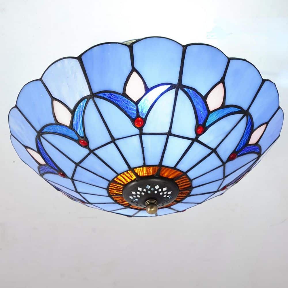 11.81 in. 2-Light Blue Modern Mediterranean Flush Mount Ceiling Light with Stained Glass Shade, No Bulbs Included - Hercitys