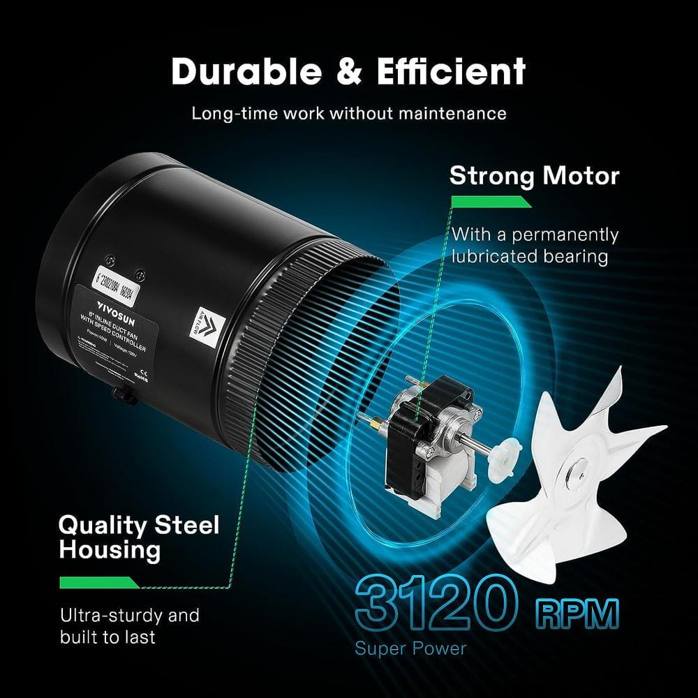 275 CFM 6 in. Inline Booster Duct Fan with Speed Controller for HVAC Exhaust Ventilation - Hercitys