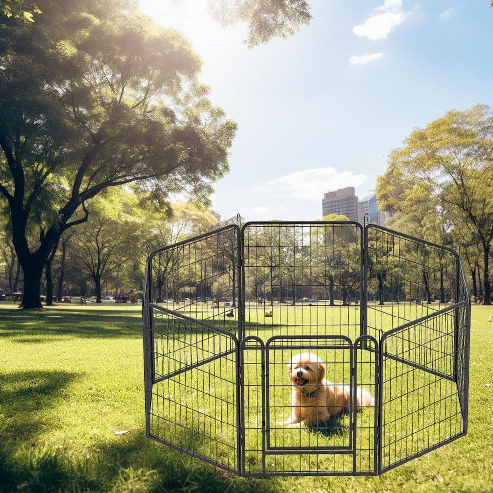 54 x 54 x 32 in. 8 Black Panels Metal Dog Playpen with door for Garden Fence Outdoor Pet Exercise Pen - Hercitys