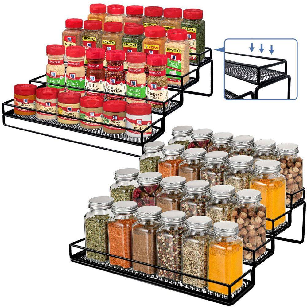 2-Piece 4-Tier Black Metal Spice Rack Organizer, Expandable Shelf, Step Storage Holder with Protection Railing - Hercitys