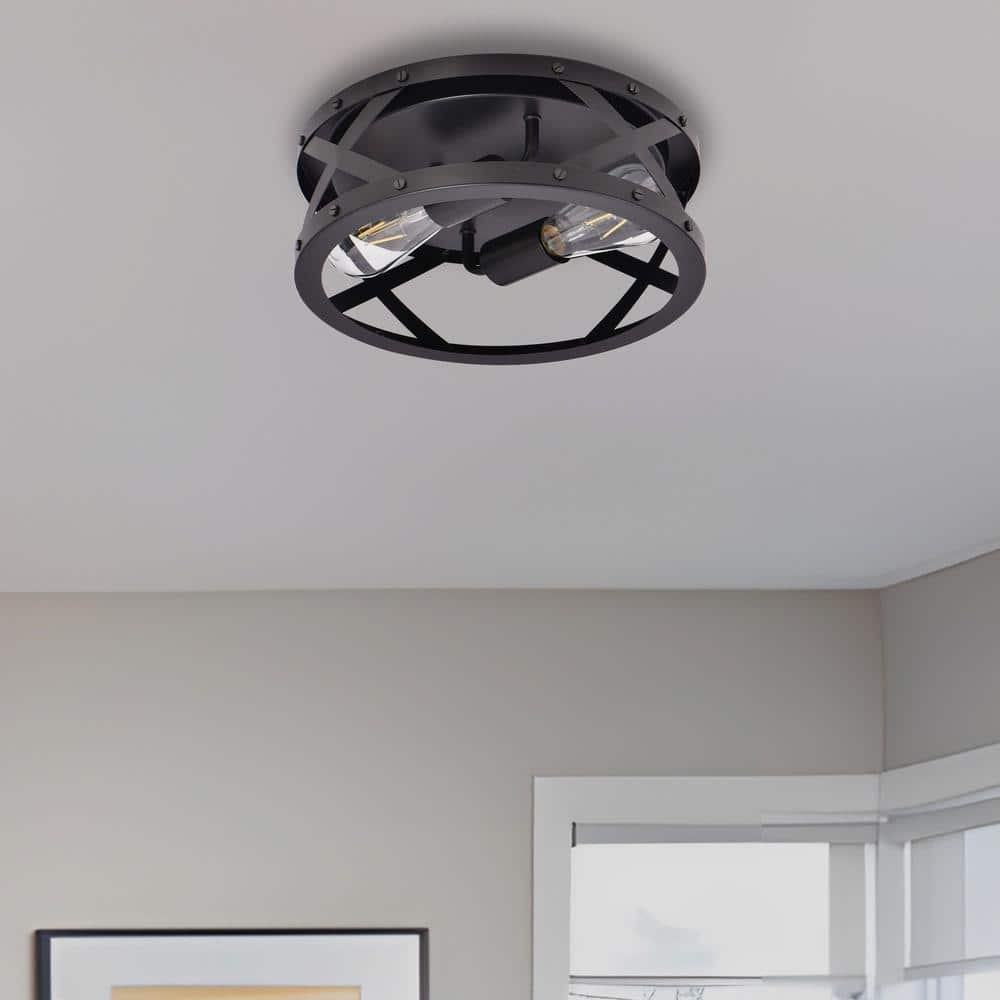 11.8 in. 2-Light Matte Black Flush Mount with Drum Shape - Hercitys