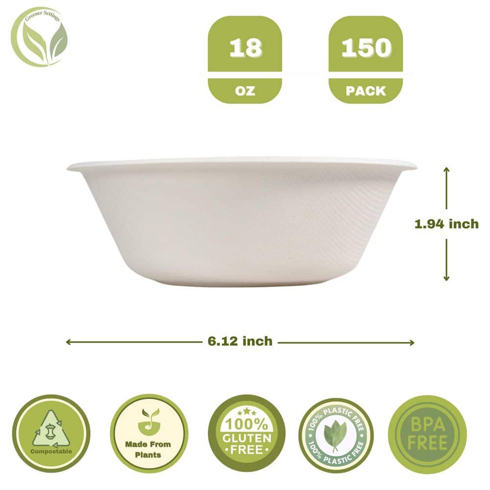 100% Compostable 18 oz. Unbleached Disposable Paper Bowls 150-Pack - Hercitys
