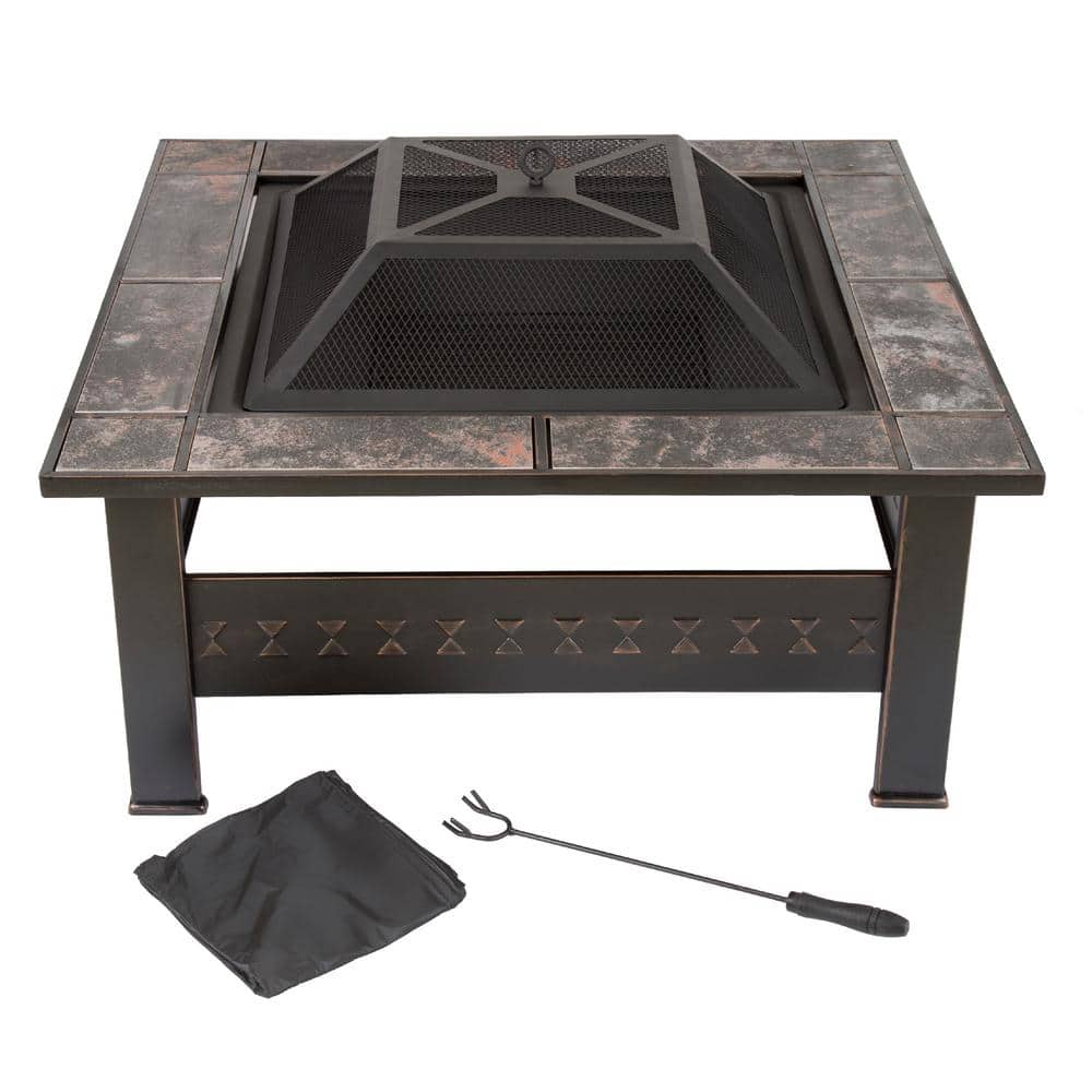 32 in. Steel Square Tile Fire Pit with Cover - Hercitys