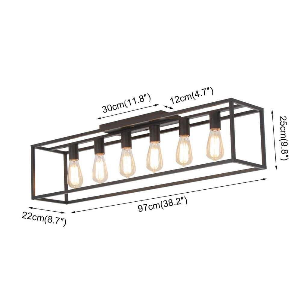 38 in. 6-Light Farmhouse Cage Metal Black Flush Mount with No Bulbs Included Ceiling Light - Hercitys
