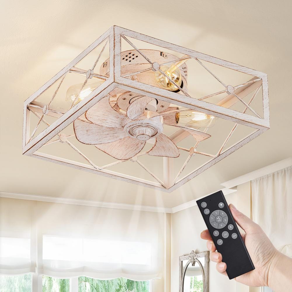 16 in. Low Profile Indoor Caged White Flush Mount Small Ceiling Fan with Light and Remote Control - Hercitys