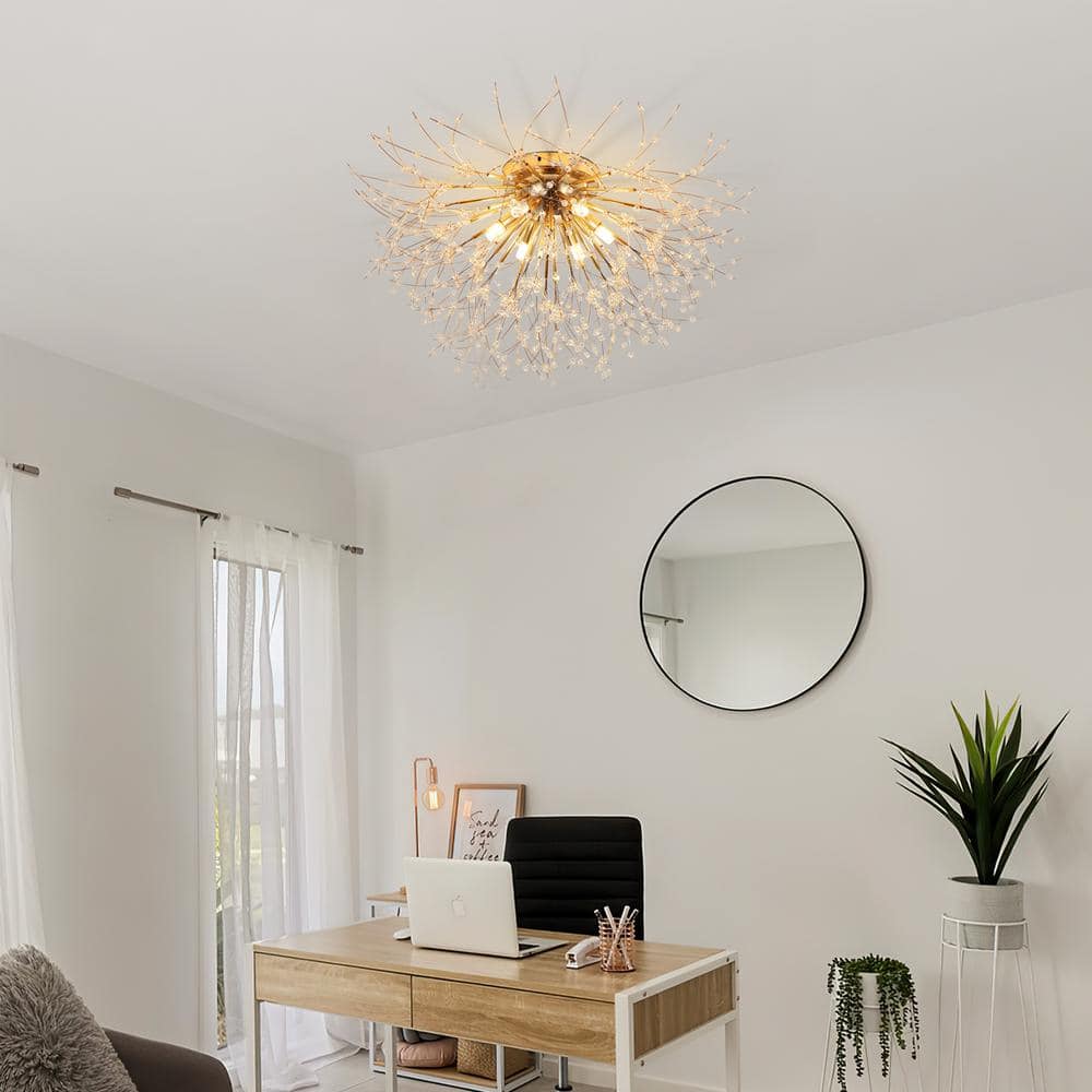 23.62 in. 6-Lights Gold Dandelion Modern/Contemporary Crystal Flush Mount Ceiling Light for Living Room - Hercitys