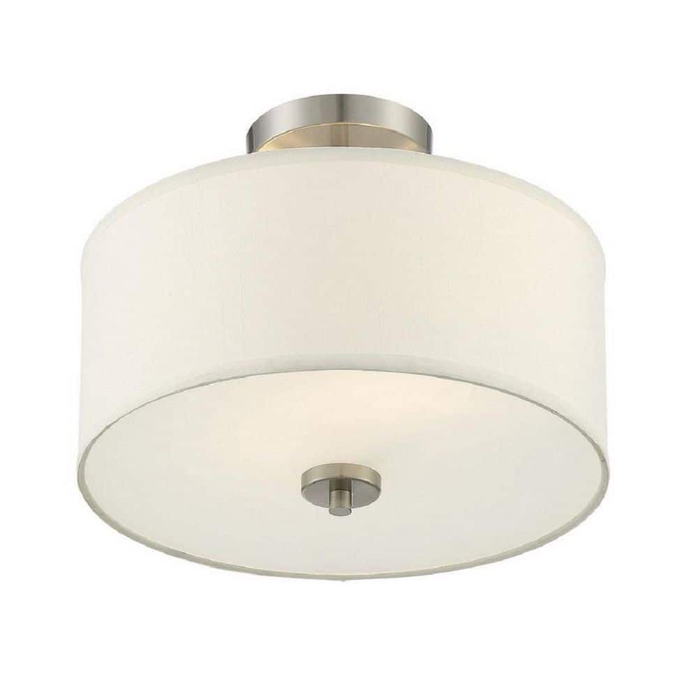 13 in. W x 10 in. H 2-Light Brushed Nickel Semi-Flush Mount Ceiling Light with White Fabric Shade - Hercitys