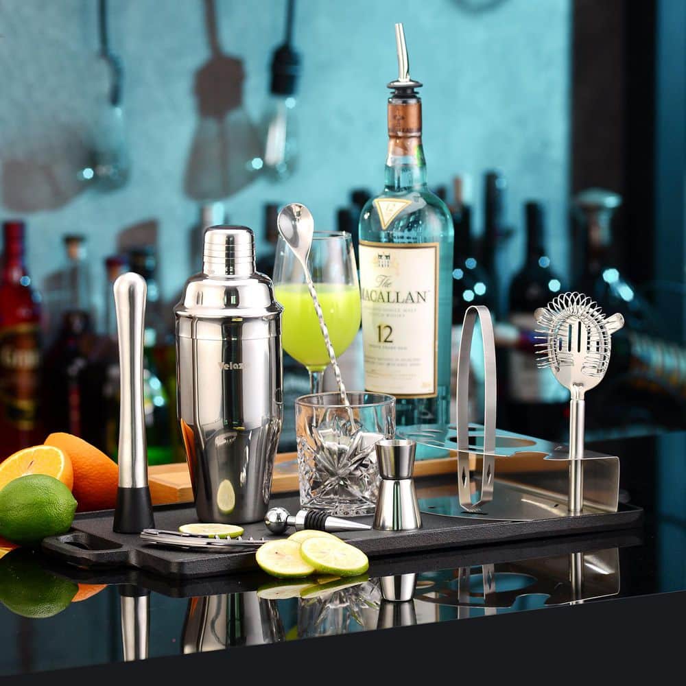 10-Piece Silver Stainless Steel Cocktail Shaker Set Cocktail Shaker 850ml with Pourer Stopper Muddler Mixing Spoon etc. - Hercitys