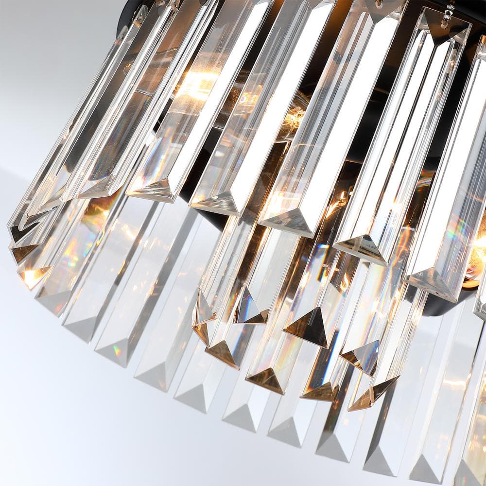 12 in. 3-Light Modern Black Round Flush Mount Ceiling Light with 2 Tiers Clear Crystal Shades - Hercitys