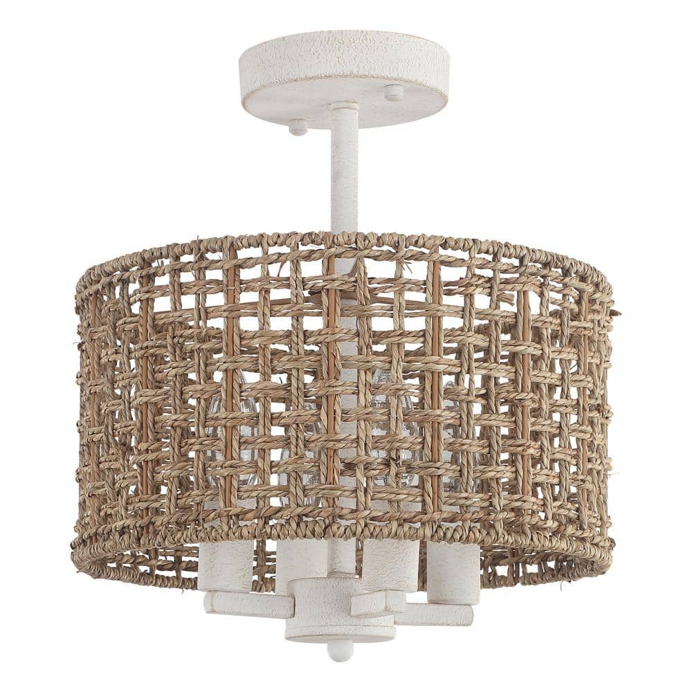 11.8 in. 4-Light Distressed White Farmhouse Drum Semi-Flush Mount Ceiling Light Fixture with Hand Woven Shade - Hercitys