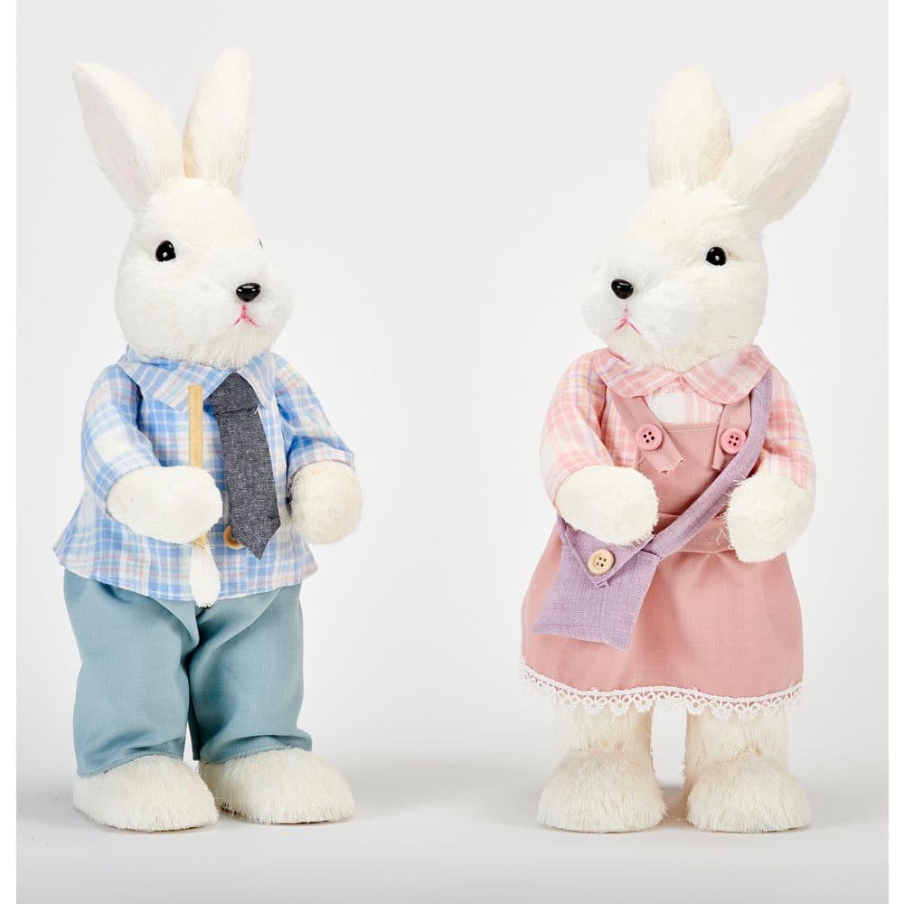14 in Easter Boy and Girl White Sisal Standing Dressed Bunnies, Set of 2 - Hercitys