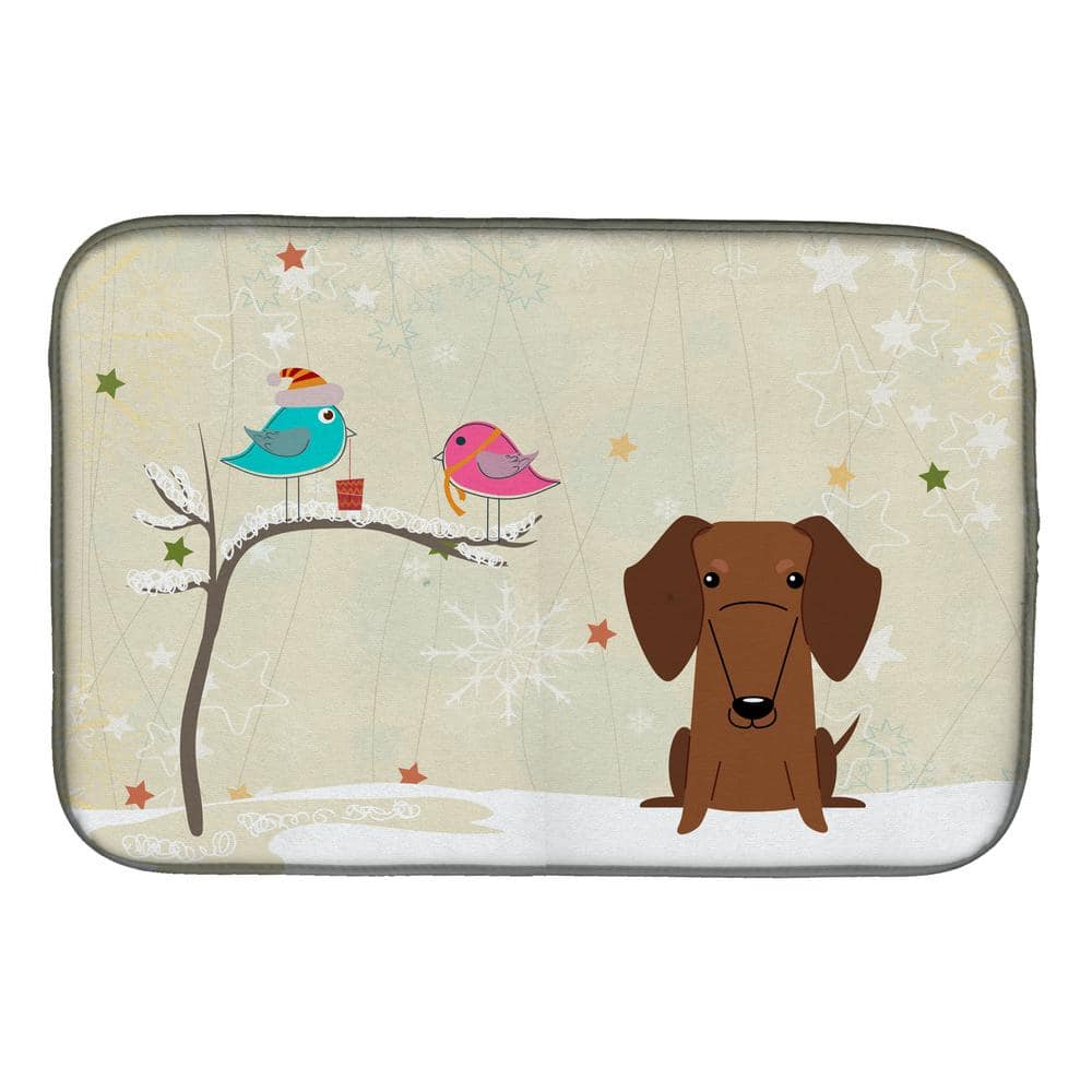 14 in. x 21 in. Multicolor Christmas Presents between Friends Dachshund Red Brown Dish Drying Mat - Hercitys