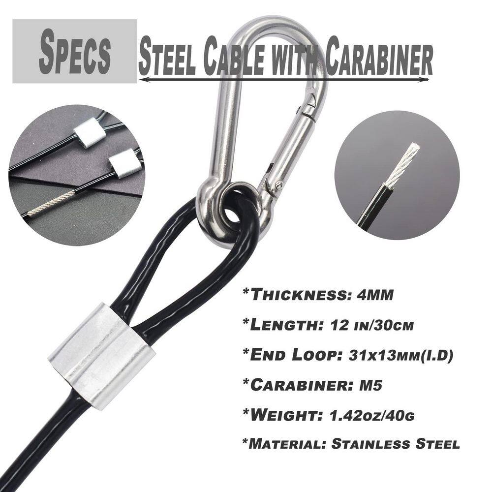 10 Pcs 1FT Vinyl Coated Stainless Steel Wire Cable Lanyard 4mm Thickness with Loops and Carabiner Hook Black - Hercitys