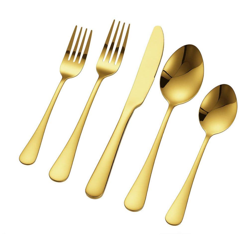 100-Piece Golden Stainless Steel Flatware Serving Set with Knives, Forks and Spoons for 20-Person - Hercitys