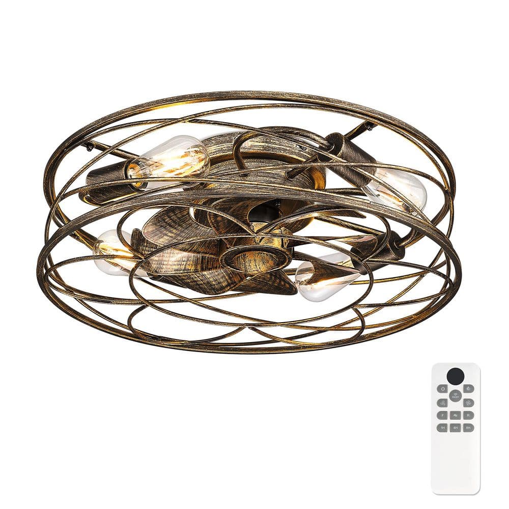 20 in. Indoor Black and Golden 100-240 V Low Profile Cage Ceiling Fan with Light - Hercitys