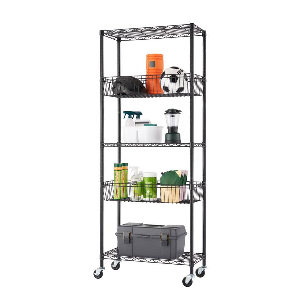 30 in. W x 14 in. D x 72 in. H Black 5-Tier NSF Heavy-Duty Wire Shelving with Baskets Wheels - Hercitys
