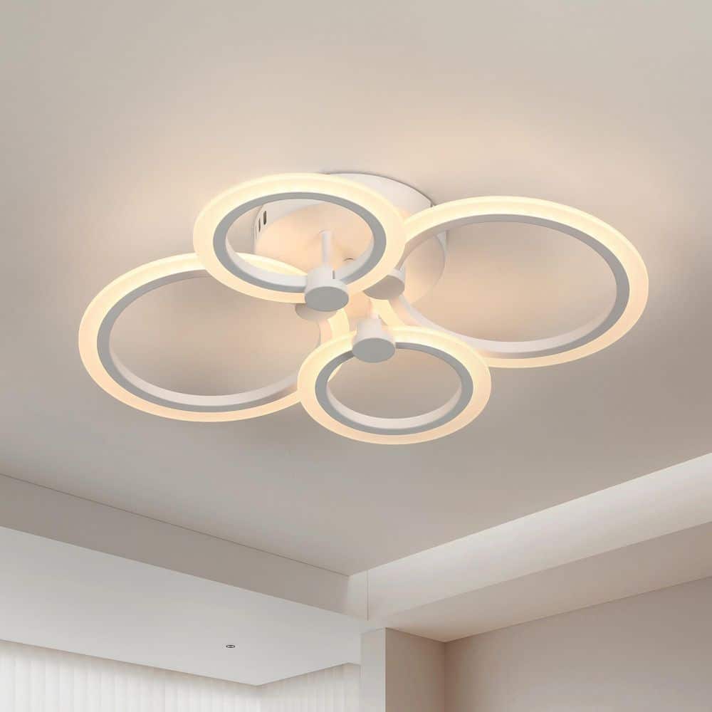 22 in. White Modern Integrated LED 4 Rings Circle Semi- Flush Mount Ceiling Light with Remote Control for Living Room - Hercitys