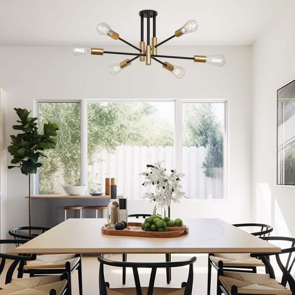 32.7 in. 6-Light Black Sputnik Semi Flush Mount Modern Chandeliers for bedrooms, dining room light fixture - Hercitys