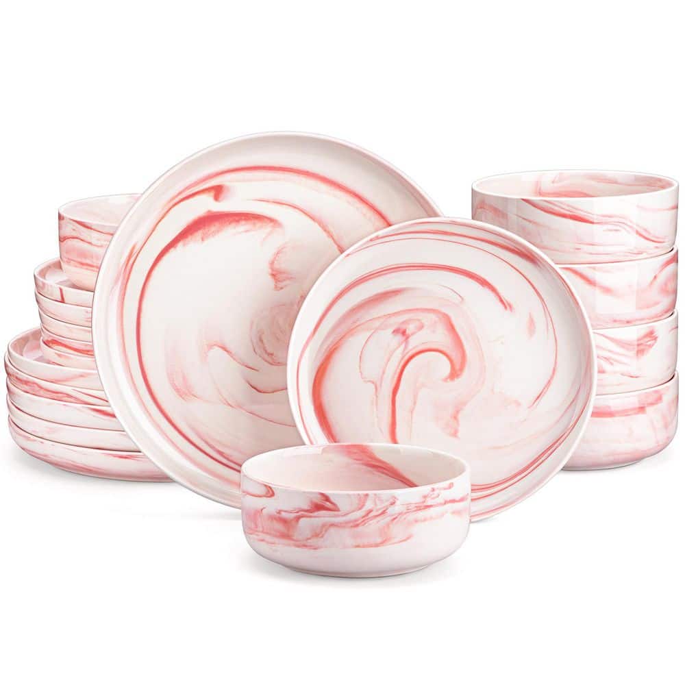 18-Piece Marble Pink Porcelain Dinnerware Set Service for 6 Dinner Set Bowls and Plates Set Tableware Service - Hercitys