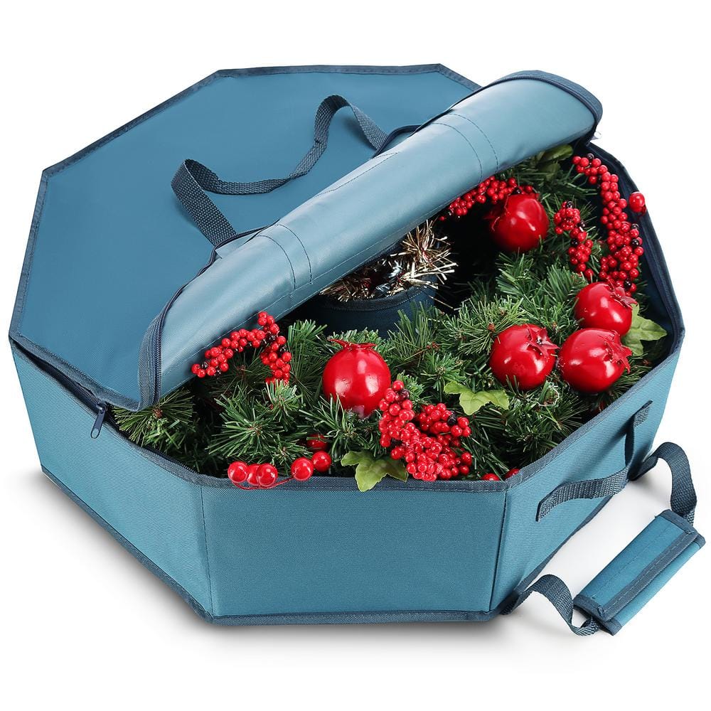 24 in. Blue Non-Woven Fabric Large Christmas Wreath Storage Box - Hercitys
