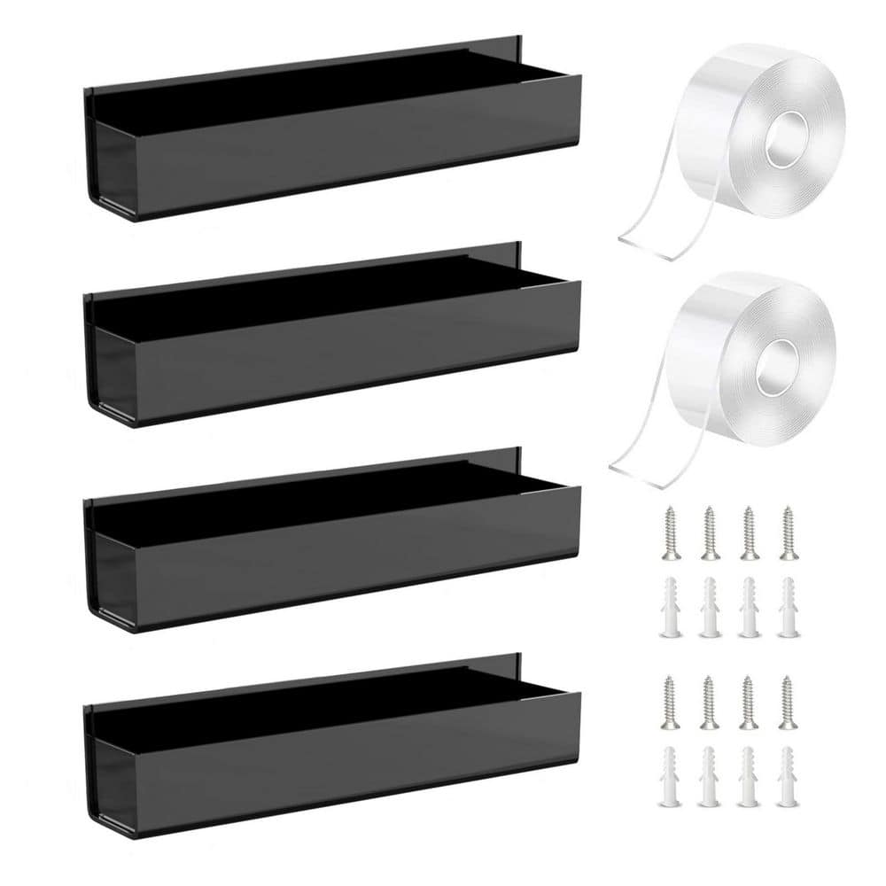 4-Pack Black Adhesive Acrylic Spice Rack with 2-Nano Double Sided Tape, Wall Mount Spice Shelf for Kitchen - Hercitys