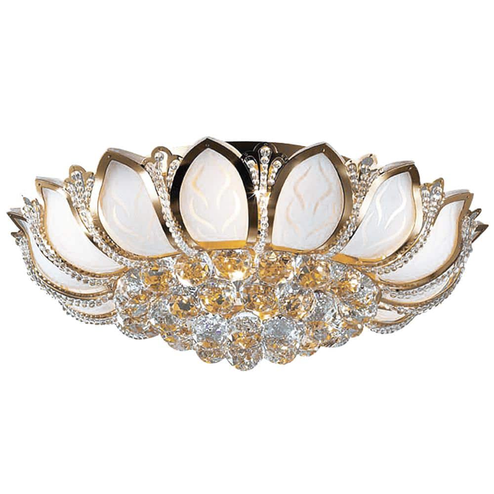 23.62 in. 7-Light Modern Gold Lotus Flower Shape Crystal Flush Mount Ceiling Lamp and No Bulbs Included - Hercitys