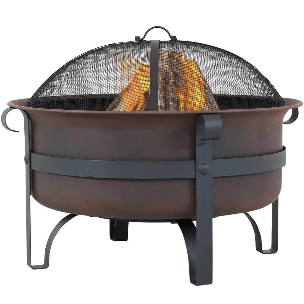 29 in. Round Steel Wood Burning Fire Pit with Cauldron Style and Spark Screen Set in Bronze - Hercitys