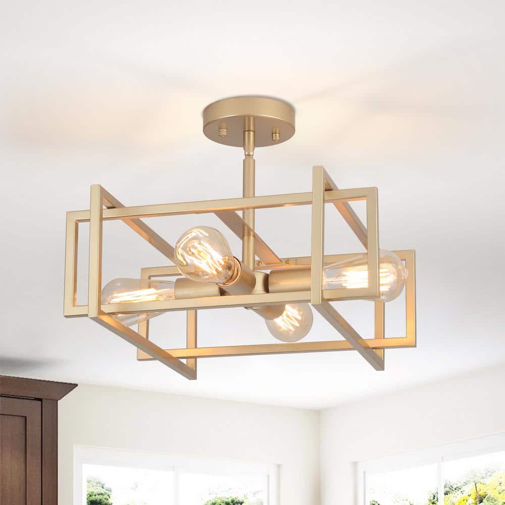 14.96 in. 4-Light Geometric Gold Modern Semi-Flush Mount Ceiling Light with No Bulbs Included - Hercitys