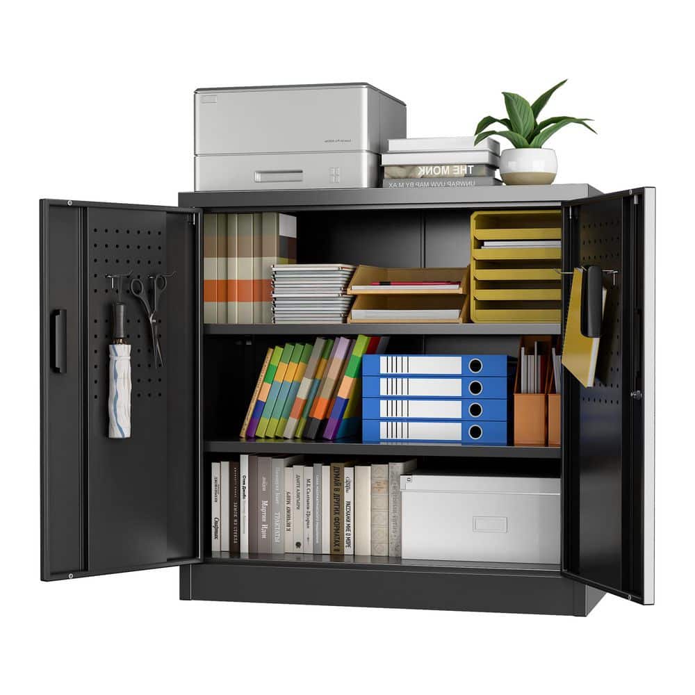 31.5 in.H×31.5 in.W×16.5 in.D Lockable Rolling Metal Storage Freestanding Cabinet w/ Pegboard for Garage,Office in Black - Hercitys