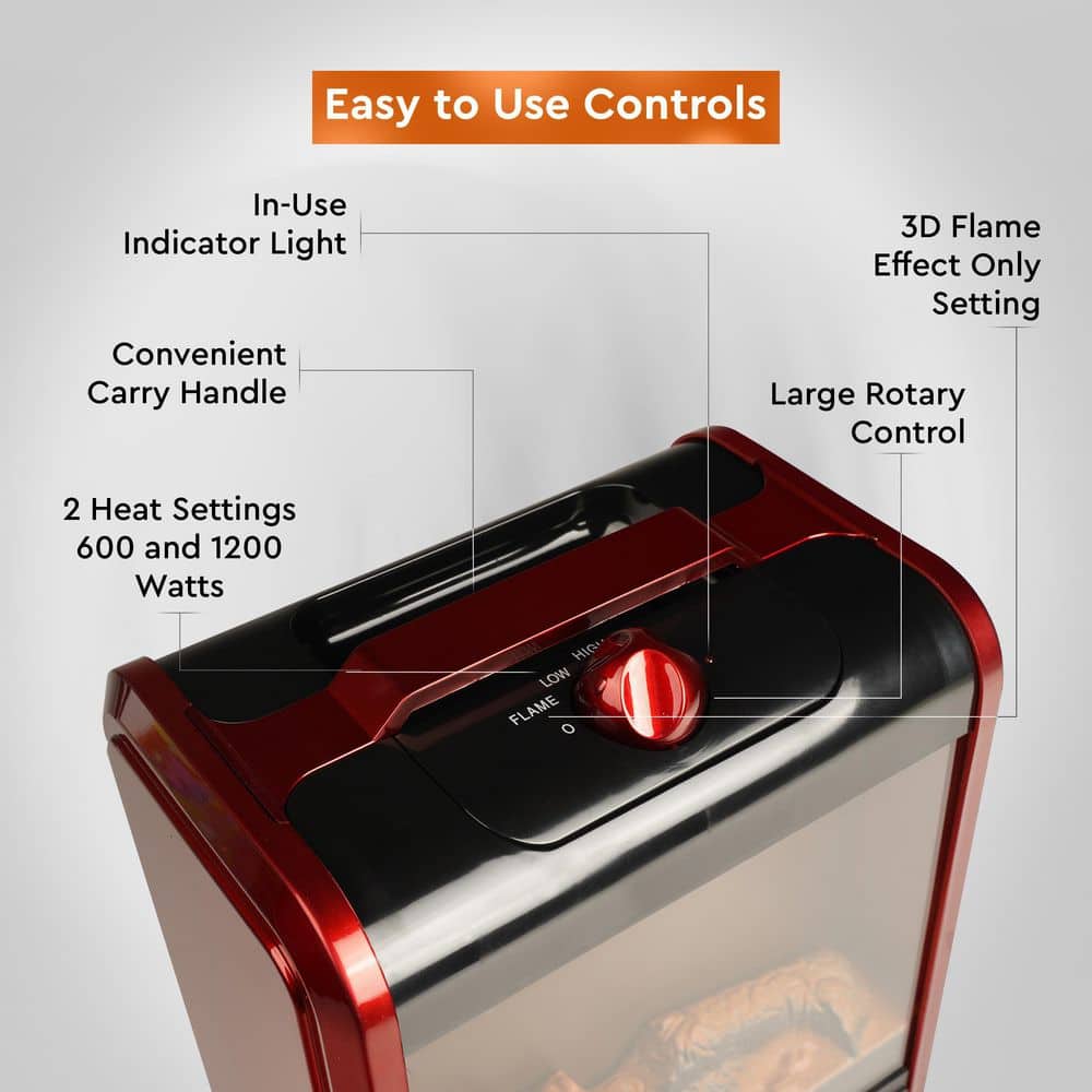 1,200-Watt Mini Ceramic Fireplace Electric Heater with Simulated Flame in Red - Hercitys