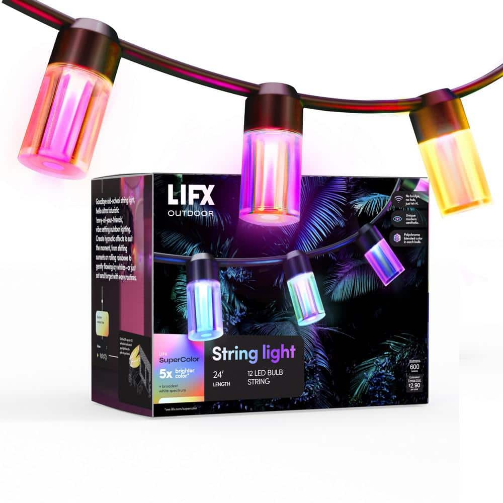12-Light 24 ft. Outdoor Plug-In RGB Integrated LED Smart Wi-Fi String Light, Works with Alexa/Hey Google/HomeKit/Siri - Hercitys