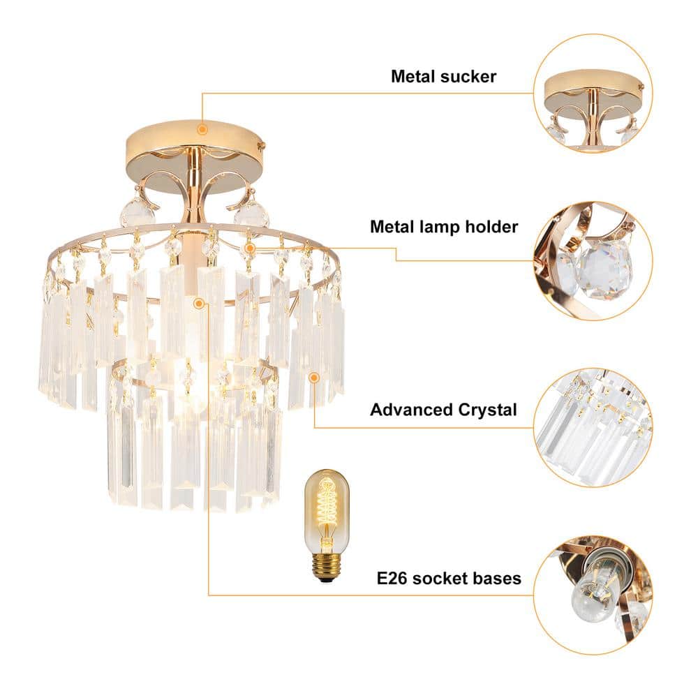 10.62 in. 1 Light Gold Modern Round Semi-Flush Mount Ceiling Light with Clear Crystal Shade and No Bulbs Included - Hercitys
