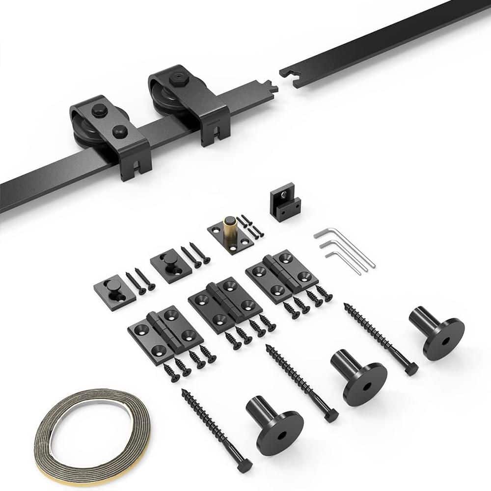 5 ft. /60 in. J Shape Frosted Black Top Mount Bi-Fold Sliding Barn Door Hardware Track Kit for Double Doors - Hercitys