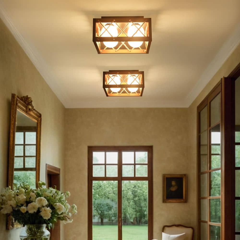 16 in. 25-Watt Farmhouse Rustic Square Wood Dimmable LED Flush Mount Ceiling Light with Acrylic Shatterproof Shade - Hercitys