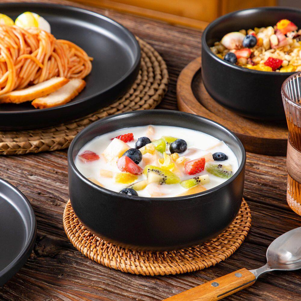 16-Piece Black Stoneware Dinnerware Set Service for 4, Dinner Plates Dessert Plates Soup Plates and Cereal Bowls - Hercitys