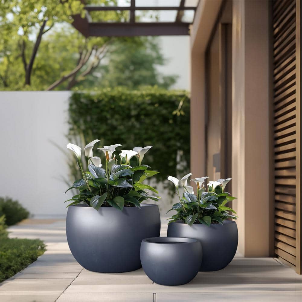 11.5 in.,15 in.,19 in. Large Granite Gray Concrete Round planter / Pot with drainage holes (Set of 3) - Hercitys