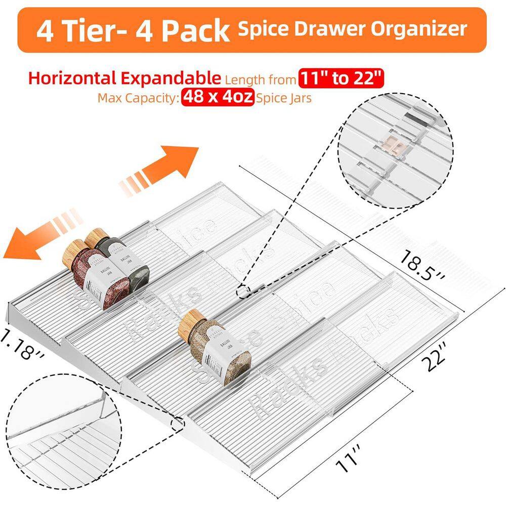 4 Tier Clear Acrylic Spice Drawer Organizer Expandable from 11” to 22” 4 Pack Kitchen Seasoning Storage - Hercitys
