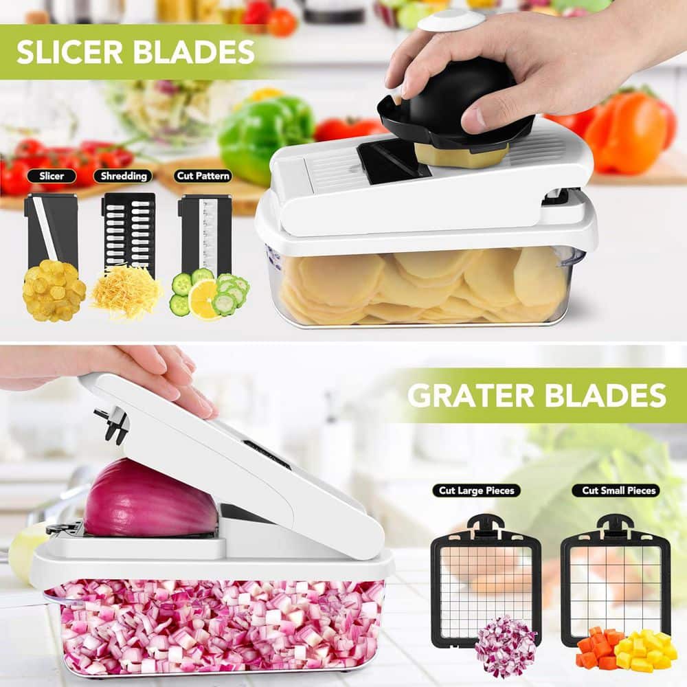 12-in-1 Multifunctional Vegetable Chopper with 7 Blades White Kitchen Essential with Container Stainless Steel Tool - Hercitys