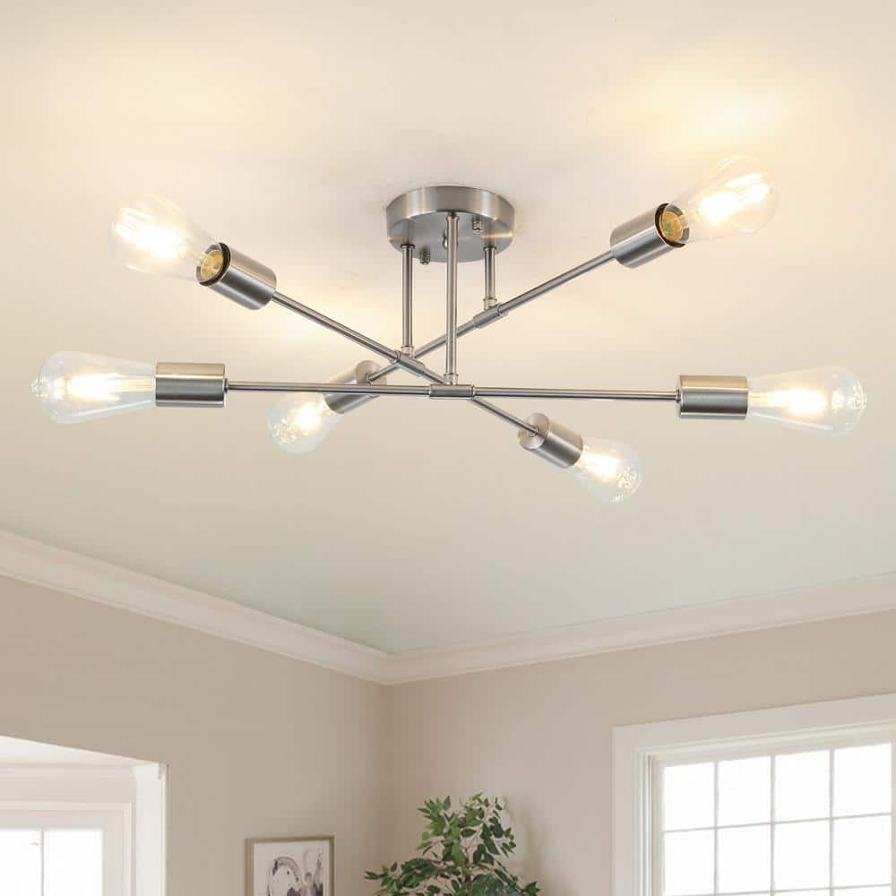 20.66 in. 6-Light Nickel Dimmable Sputnik Chandelier Modern Linear Semi Flush Mount Ceiling Light for Office Living Room - Hercitys