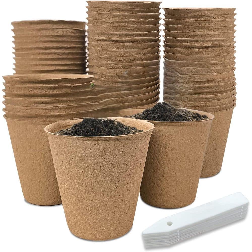 3.15 in. Outdoor Seed Germination Trays Biodegradable Eco-Friendly Seedling Kit with 10 Plant Labels, Khaki (40-Pack) - Hercitys