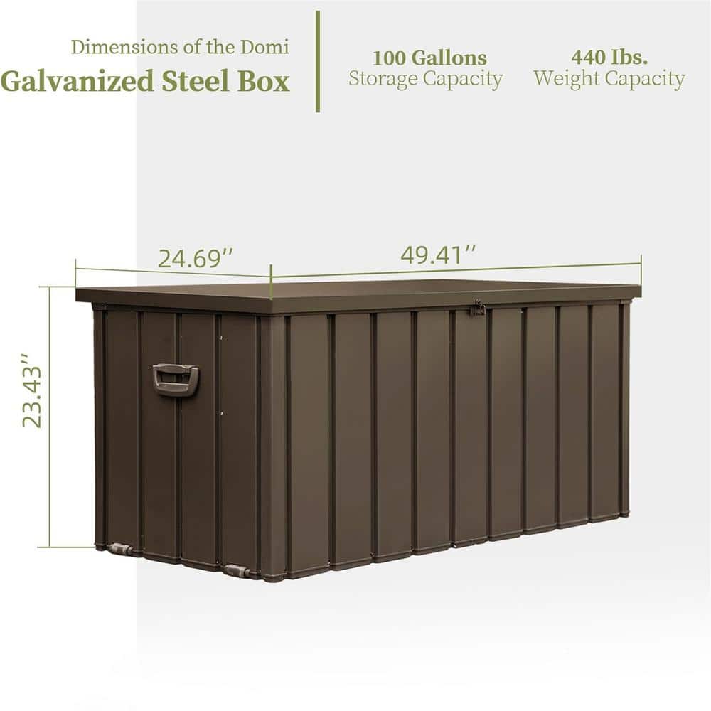 100 Gal. Dark Brown Metal Deck Box, Outdoor Storage Box with Lockable Lid, Wheels and Handles - Hercitys