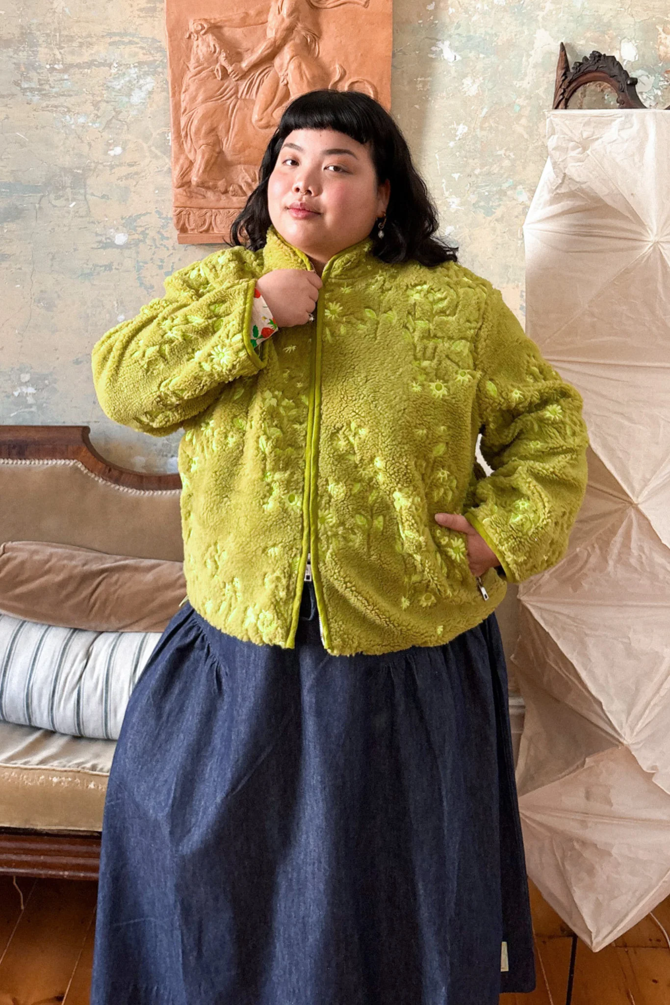 EMBROIDERED FLEECE JACKET - MATCHA GARDEN - Hercitys