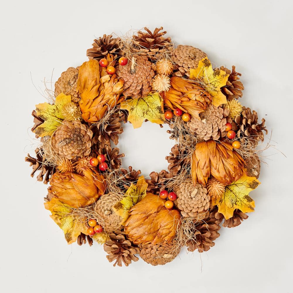 13 in. Fall Leaves Artichokes Pine Cones and Berries Wreath - Hercitys