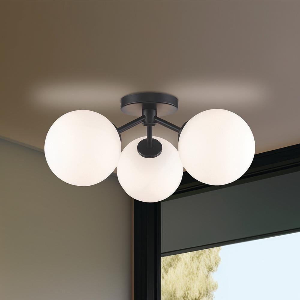 17.63 in. 3-Light Black Flush Mount Ceiling Light with Opal Glass Globe Shades - Hercitys