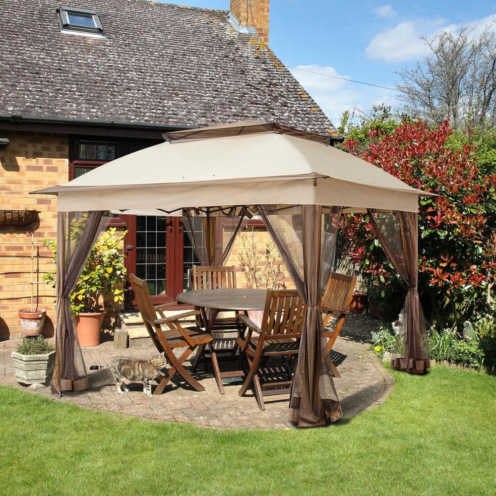 11 ft. x 11 ft. Beige Steel Pop-Up Gazebo with Mosquito Netting - Hercitys